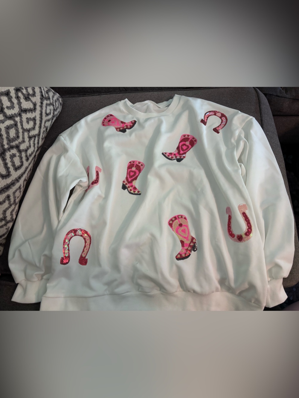 White Sweatshirt with Pink Sequin Cowboy Boots & Horseshoes